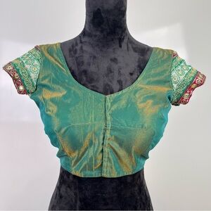 Elegant Teal and Gold Women's Saree or Crop Top